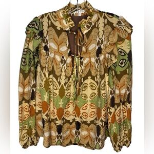 TCEC Brown Tan Green Graphic Ruffled Blouse - Medium